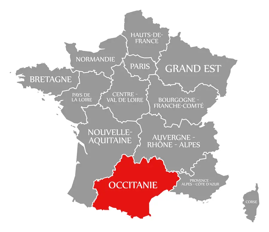 Occitanie rouge mis en évidence sur la carte de France.